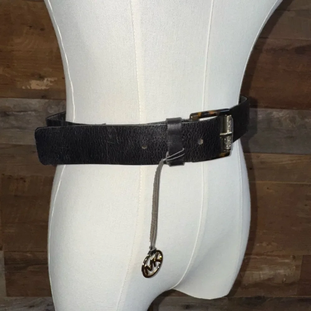 Michael Kors Black Pebbled Leather Belt-tortoise shell buckle w/ MK Charm Logo